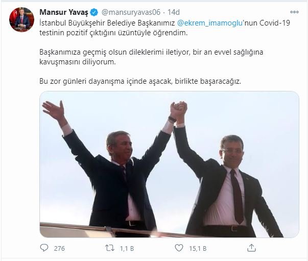 Ankara Büyükşehir Belediye Başkanı Mansur Yavaş, "İstanbul Büyükşehir Belediye Başkanı ekrem_imamoğlu'nun Covid-19 testinin olumlu geçtiğini üzülerek öğrendim. Bir an önce iyileşmesi için başkanımıza en iyi dileklerimi iletiyor, bir an önce sağlığına kavuşmasını diliyorum. Bu zor günleri dayanışma içinde atıp, birlikte başaracağız" dedi. . Açıklama sağlandı.