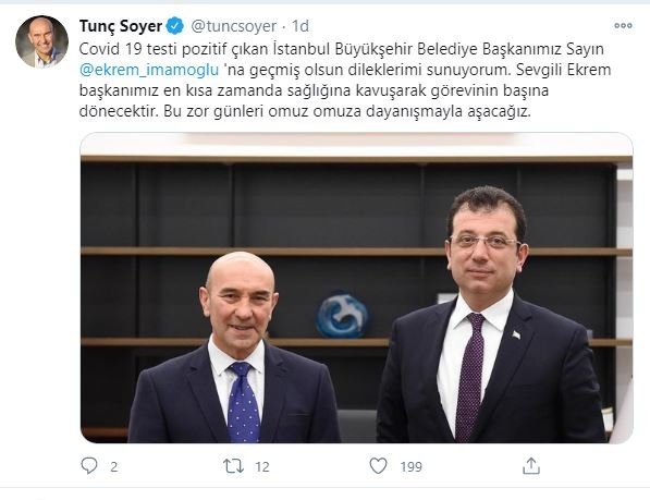 İzmir Büyükşehir Belediye Başkanı Tung Sawyer, "Değerli İzmir Belediye Başkanı sağlığına kavuşunca görevine dönecek" dedi ve "Bu zor günleri yan yana dayanışma ile atlatacağız."
