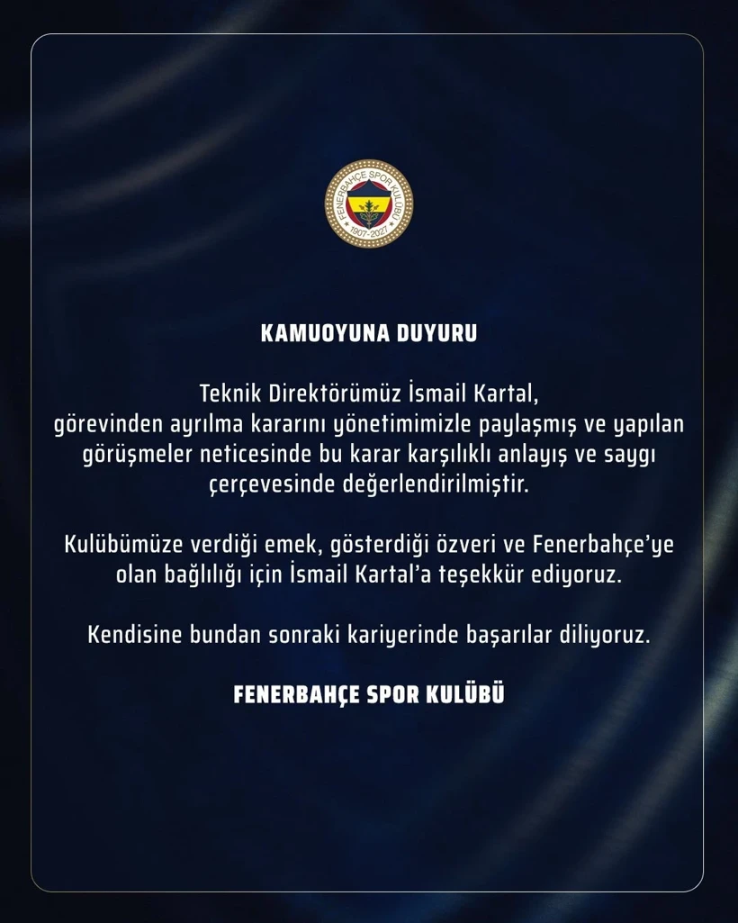 İsmail Kartal'ın istifasını Fenerbahçe kabul etti. Aziz Yıldırım futbolcularla toplantıda